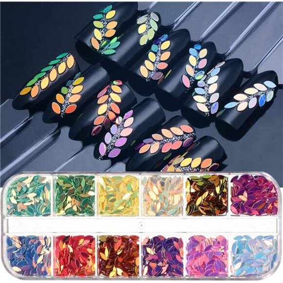 12 Colors Leaf Nail Art Glitter Sequins, Holographic 3D Leaves Nail Art Flakes - Picture 6 of 7